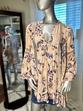 Free People Floral Paisley Tunic Top Medium Boho Flowy Lace Inset
